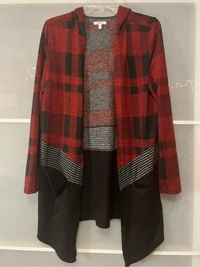 Red & Black Plaid Open Front Cardigan